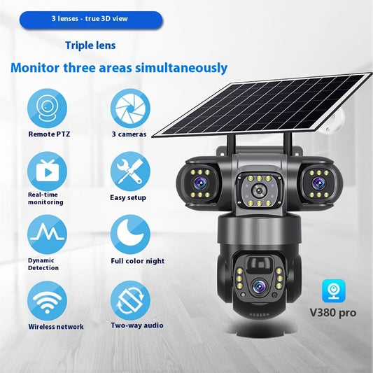 SolarGuard Ultra 3K: Triple-Lens Solar Powered Security Camera | 360° Panoramic View, 4G/WiFi Wireless Monitoring, AI Human Detection & Full-Color Night Vision